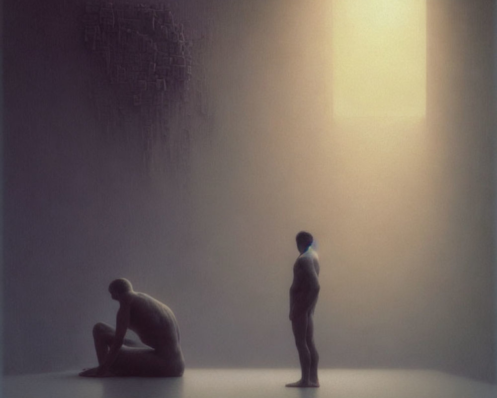 Dimly lit room with two figures: one seated in despair, the other standing by a bright window