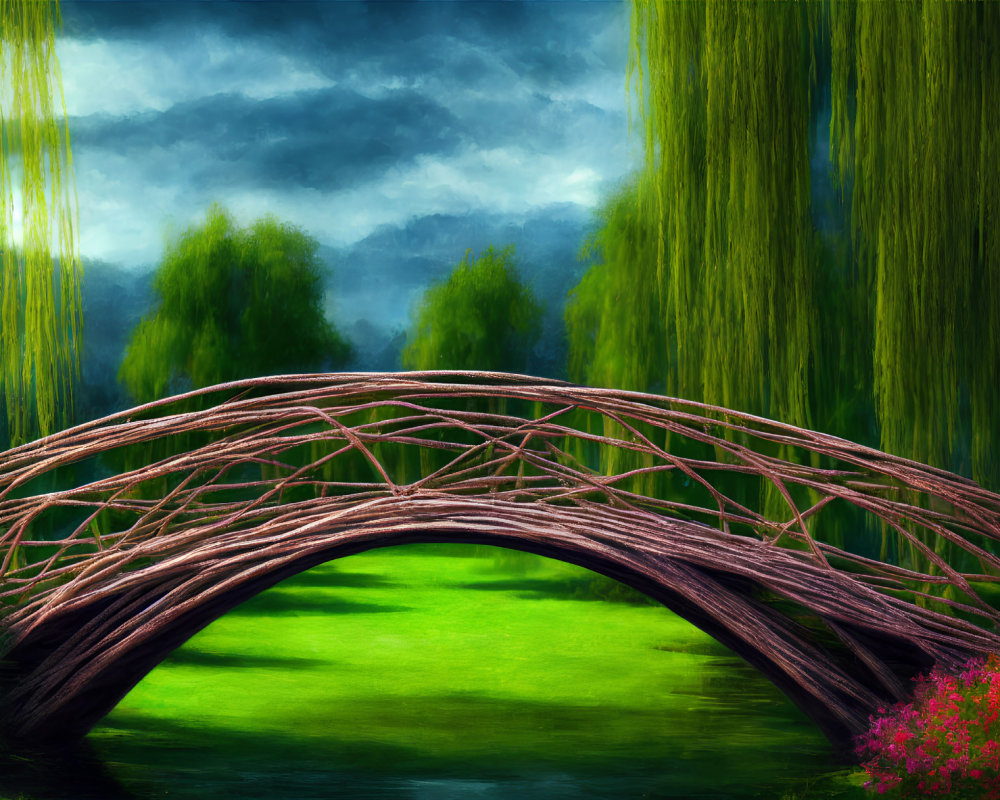Tranquil stream with arched wooden bridge, lush greenery, weeping willows, vibrant