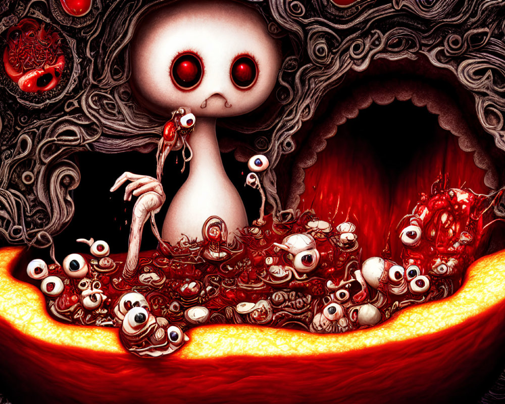 Surreal creature with large eyes in red and black palette