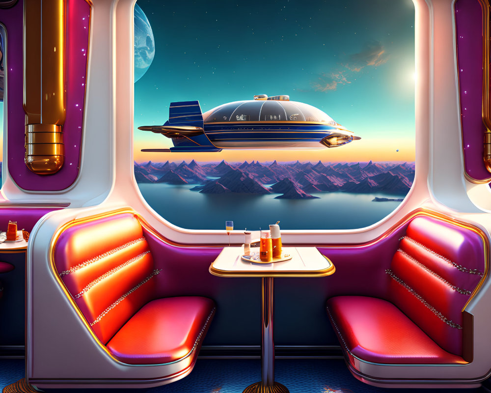 Futuristic spacecraft interior with red seats, table, mountain view, and flying vehicle.