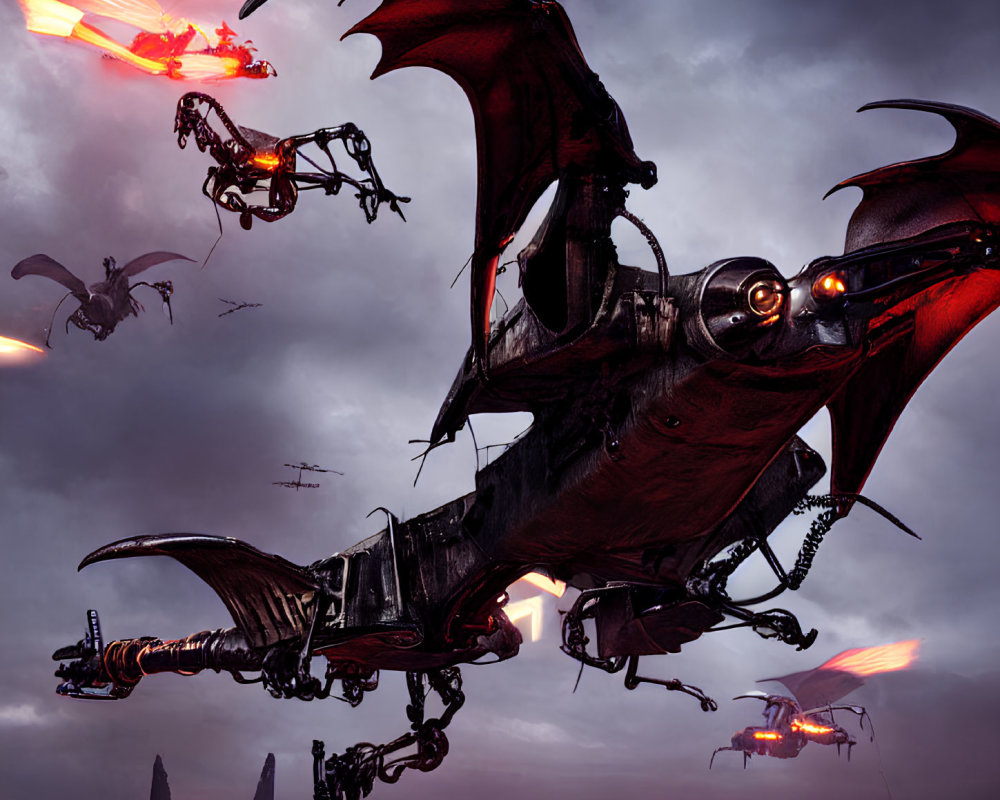 Mechanical dragons in stormy sky with fire blasts and silhouettes.