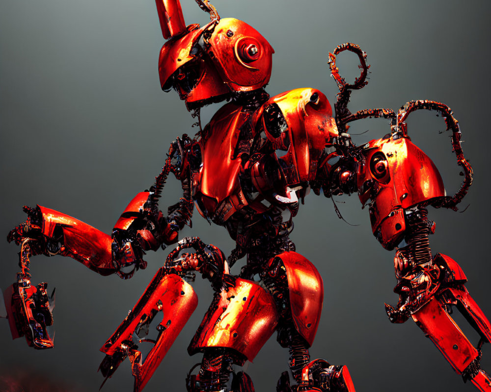 Detailed Red Robot with Exposed Mechanical Parts on Dark Background
