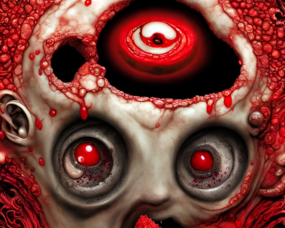 Surreal macabre artwork with red and white face, multiple red-pupiled eyes,