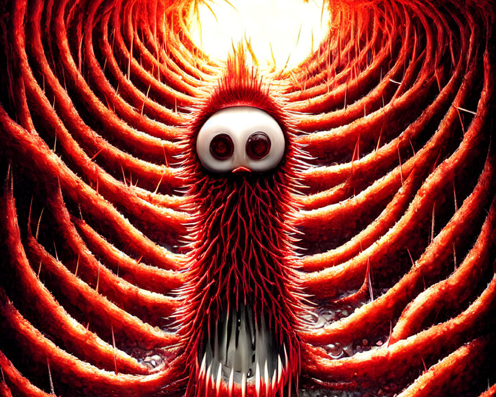 Surreal creature with large round eyes in vortex of red strands