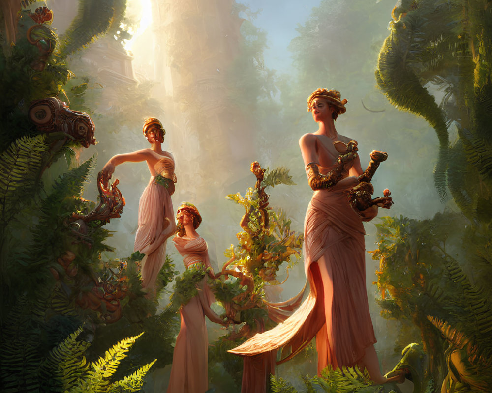 Ethereal women in flowing robes with lyre, cornucopia, and sunlight in enchanted forest