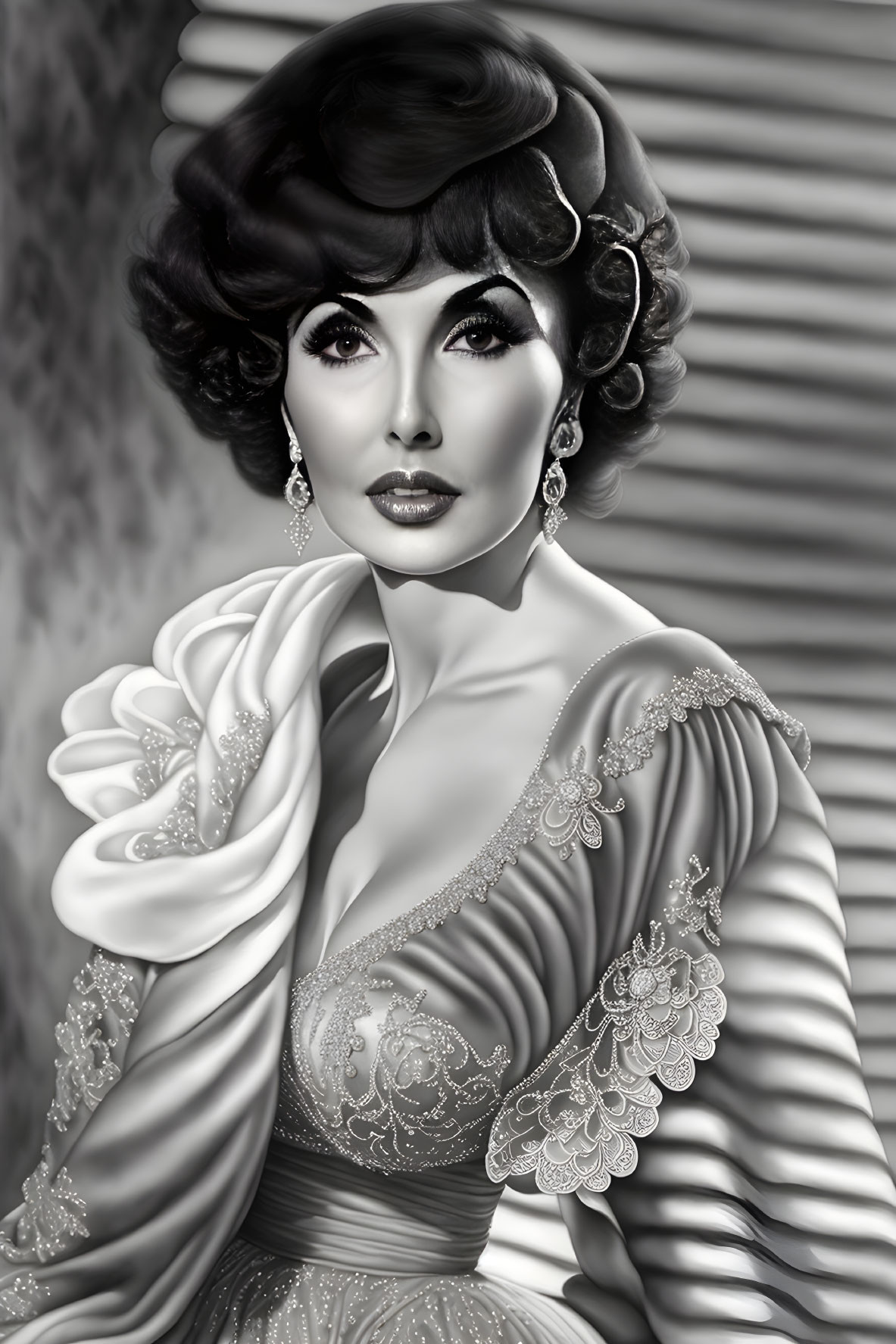 Vintage-inspired black and white portrait of a woman with ornate earrings and lace gown
