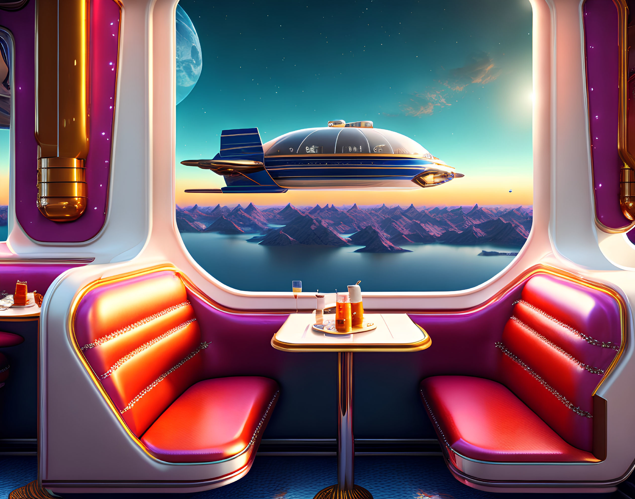 Futuristic spacecraft interior with red seats, table, mountain view, and flying vehicle.