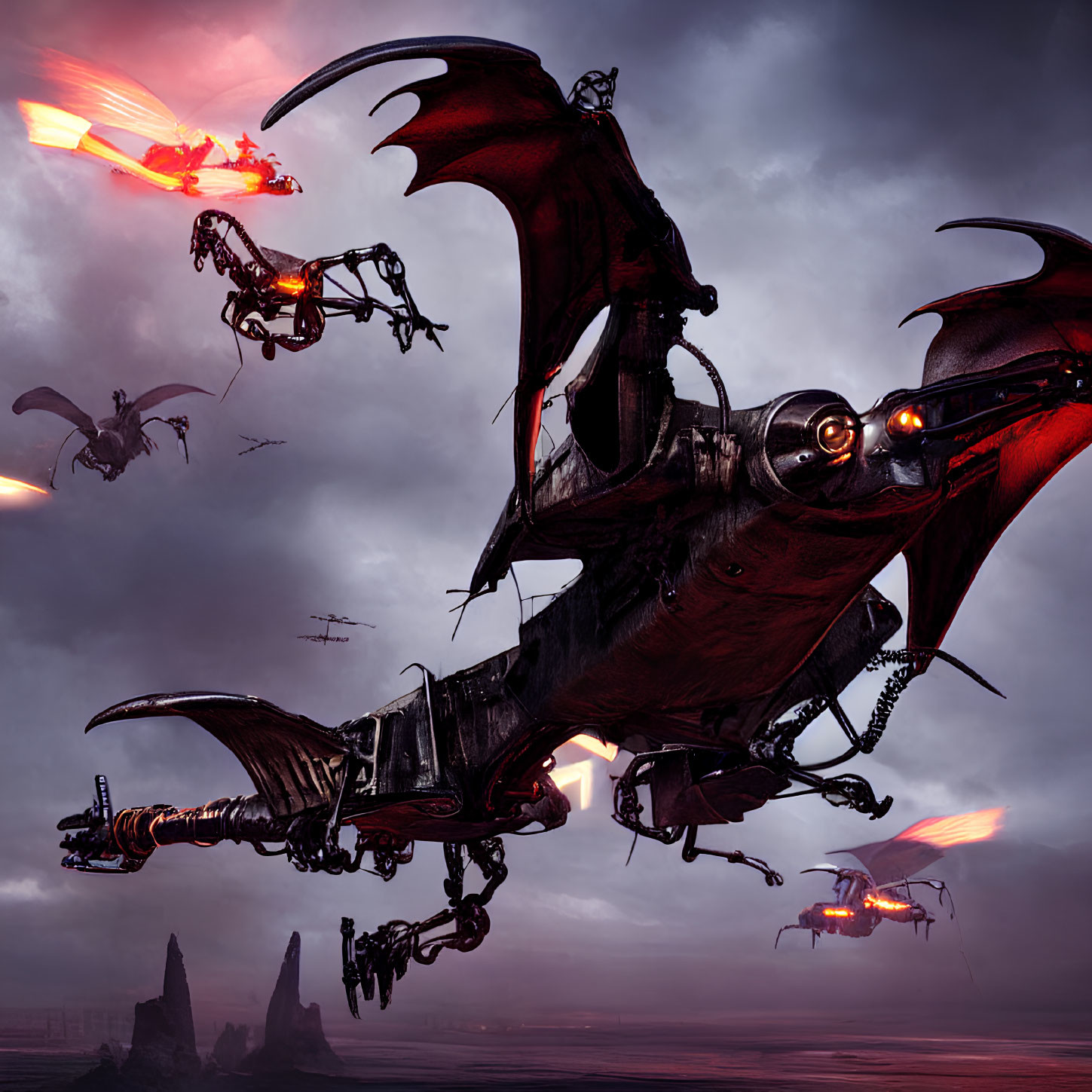 Mechanical dragons in stormy sky with fire blasts and silhouettes.