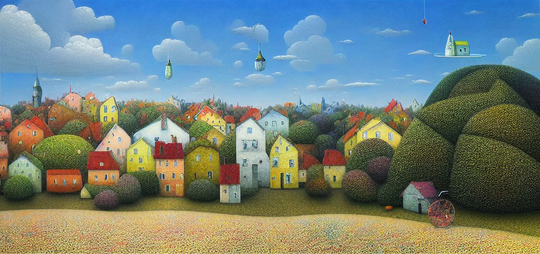Colorful village painting with rolling hills and floating buildings
