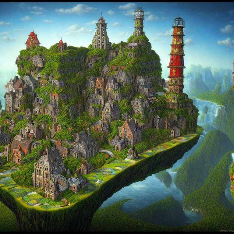 Cliffside village with lighthouse and waterfall view