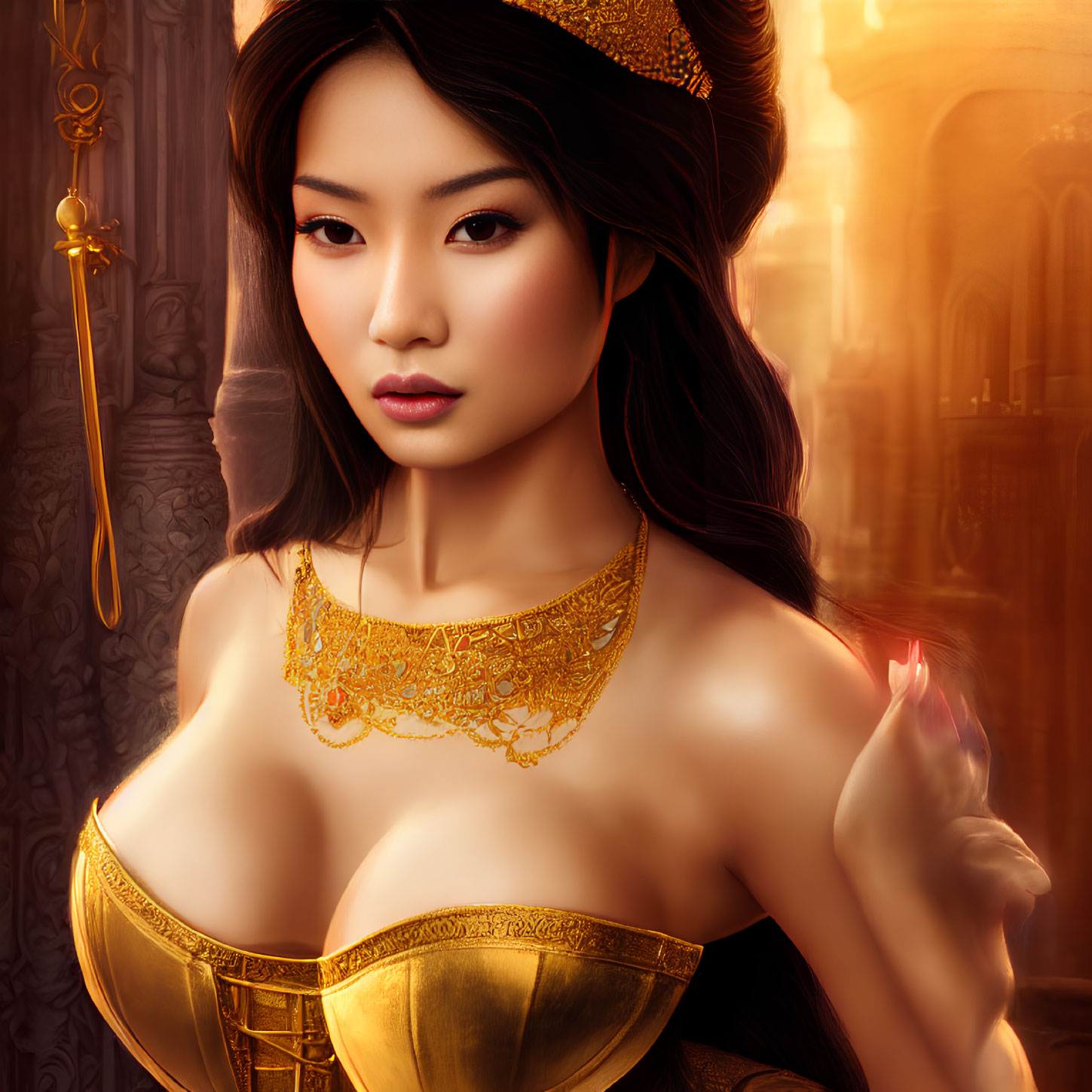 Elaborate Golden Headpiece and Necklace on Woman in Digital Portrait