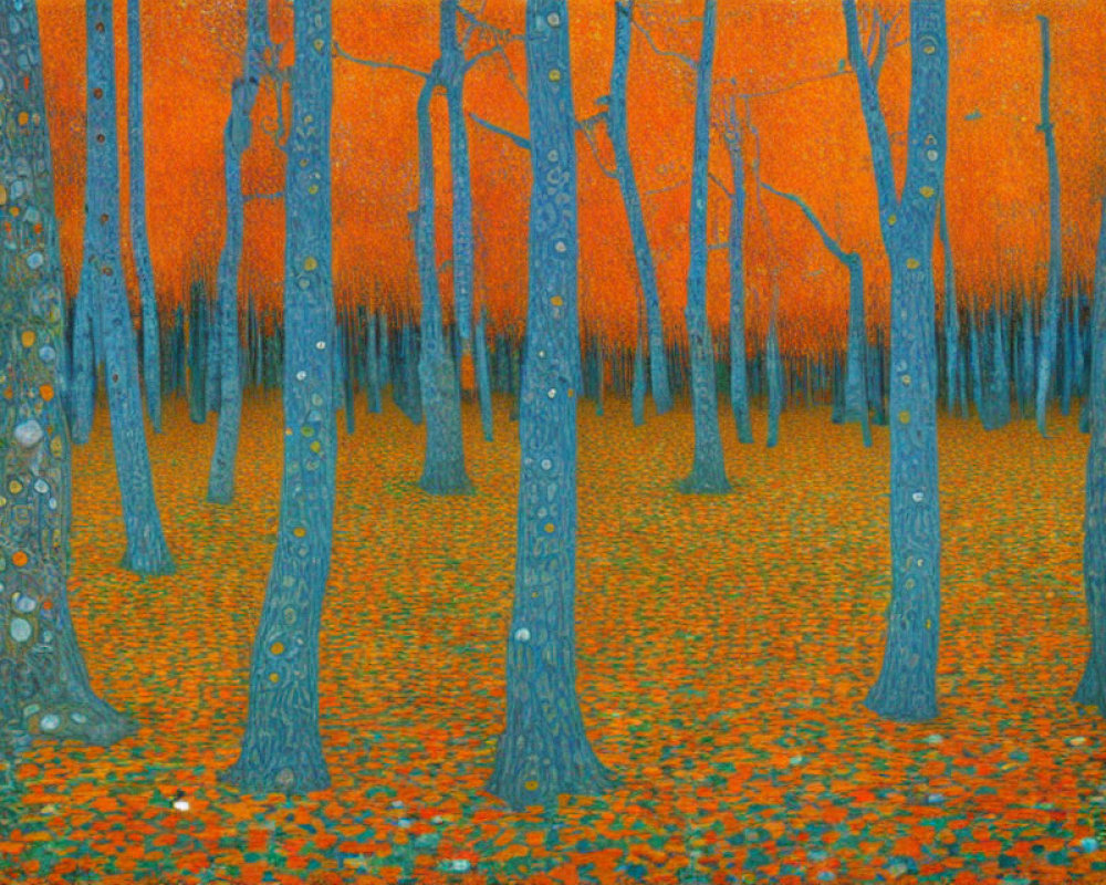 Colorful forest painting with blue trees and orange leaves on bright background