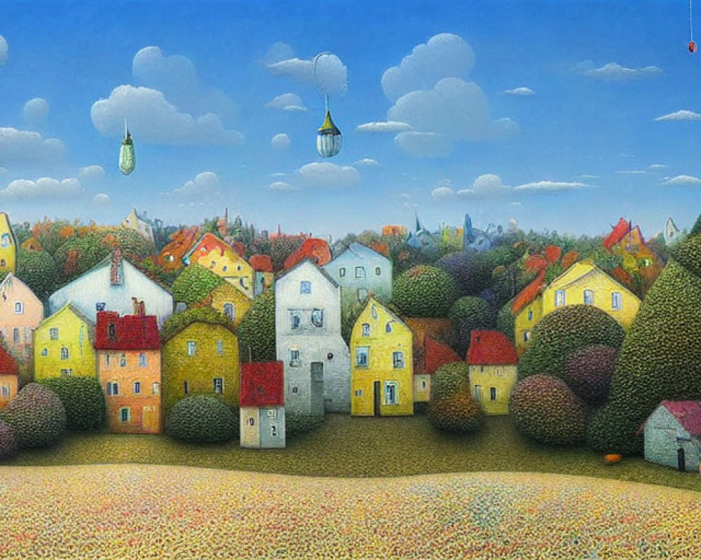 Colorful village painting with rolling hills and floating buildings