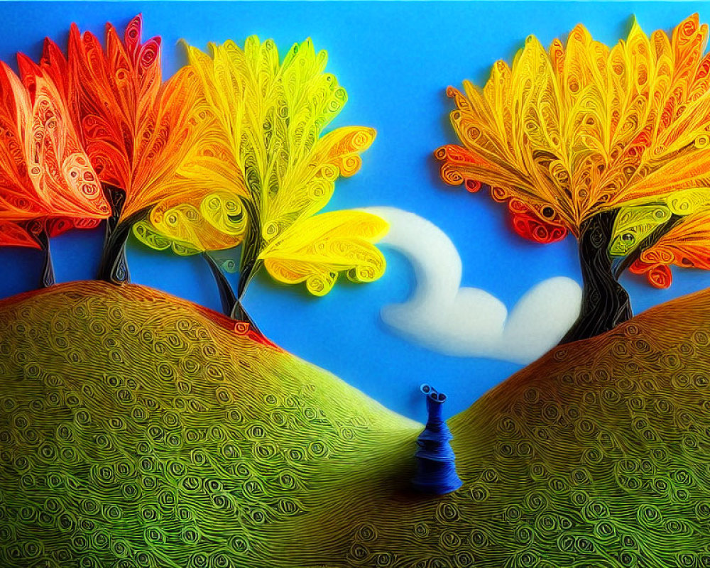 Colorful Quilled Paper Art: Trees, Hills, Sky, and Chess Pawn