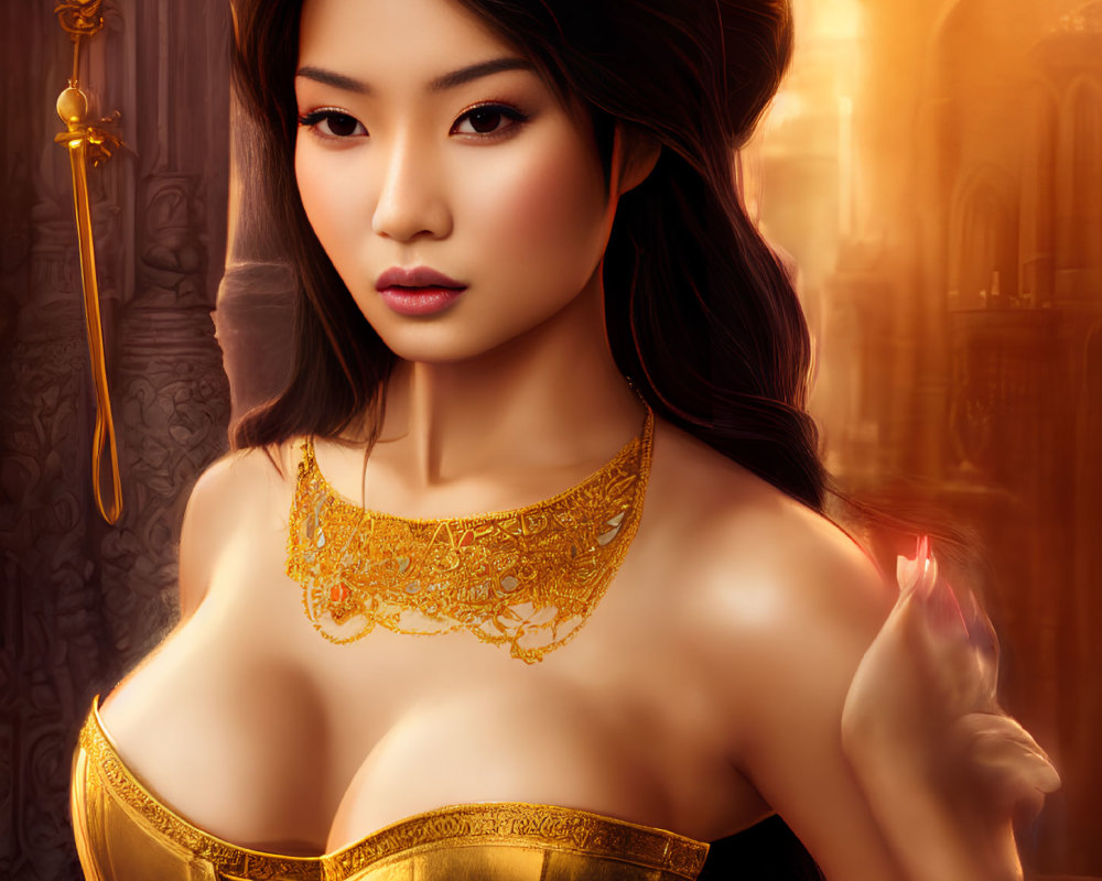 Elaborate Golden Headpiece and Necklace on Woman in Digital Portrait
