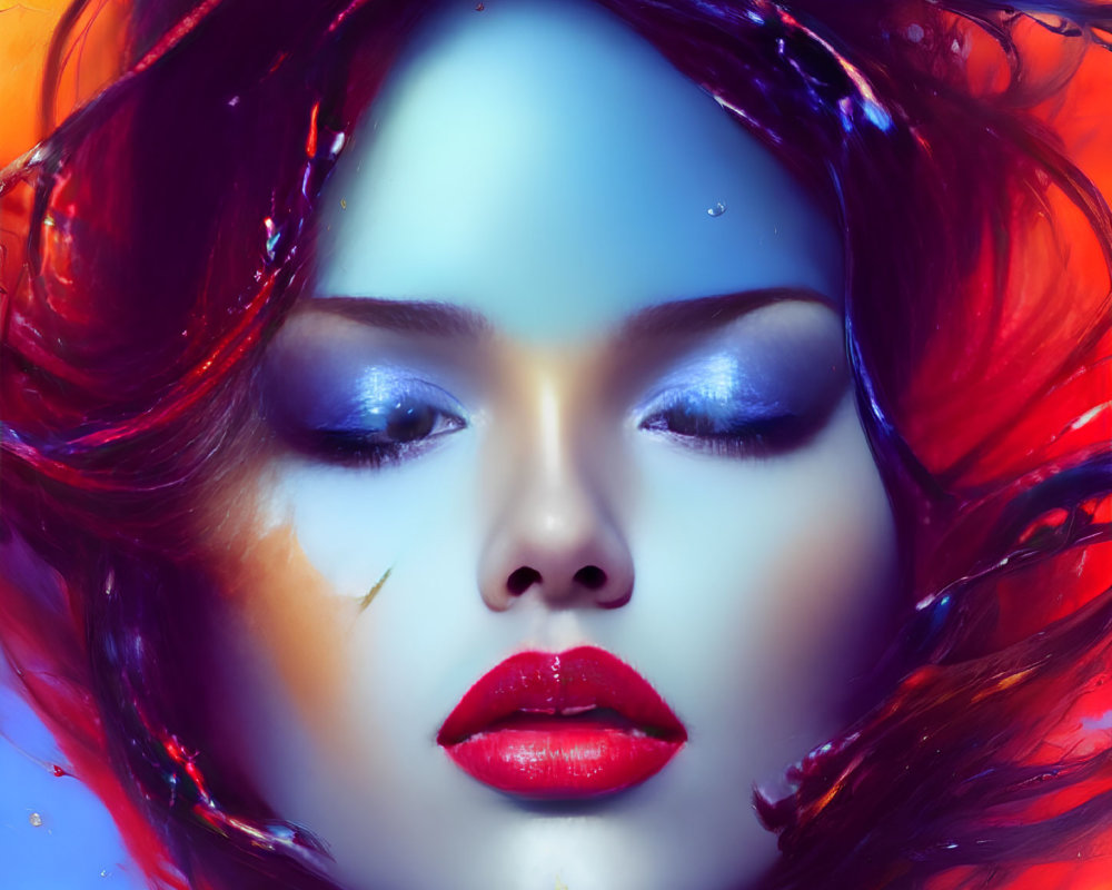 Vibrant portrait of a woman with red lips and colorful liquid swirls
