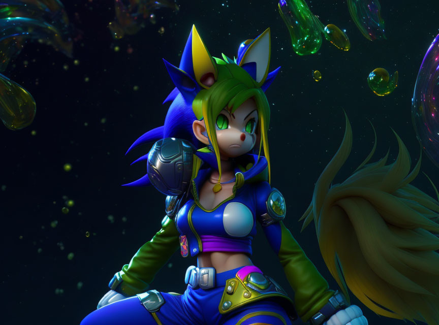 Futuristic green-haired character in blue and yellow outfit with large ears and tails among space bubbles