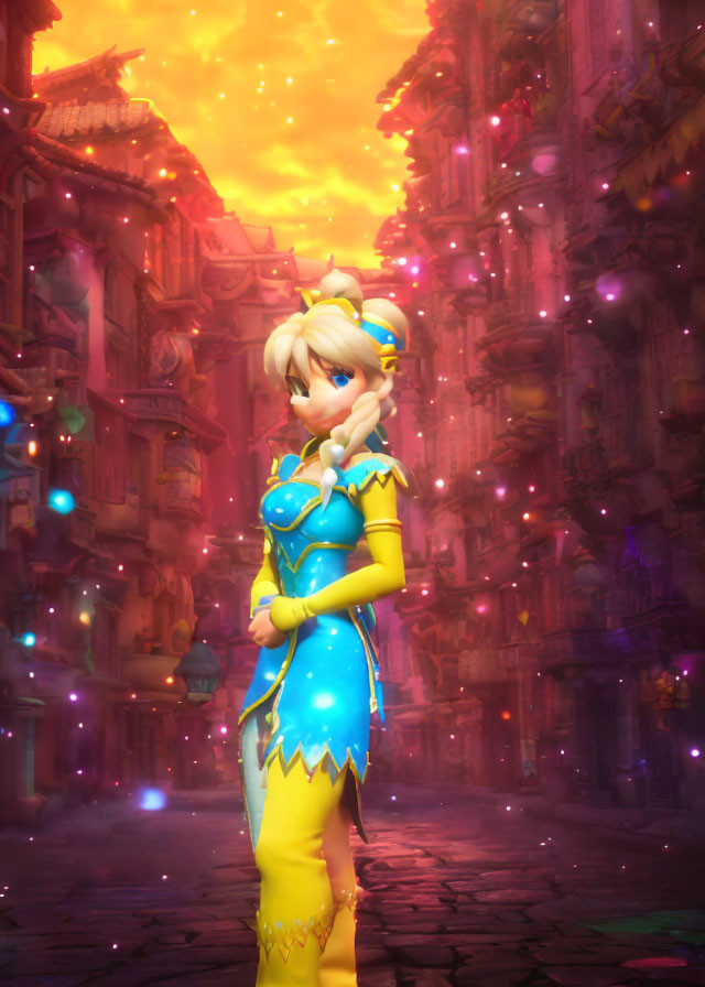 Blond-Haired Female Character in Blue and Yellow Costume in Fantasy City
