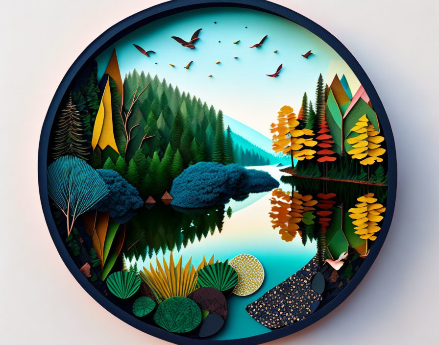 Nature river collage with round frame