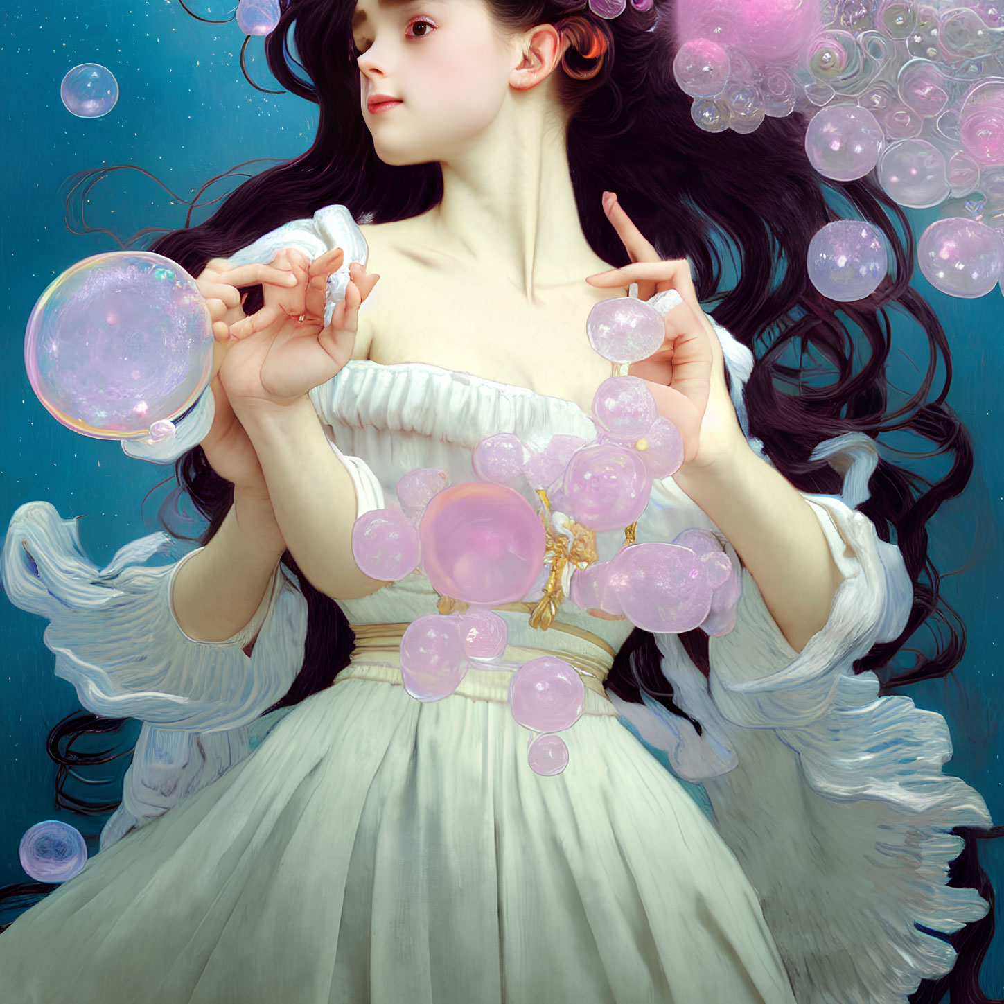 Woman in white dress surrounded by iridescent bubbles on blue backdrop