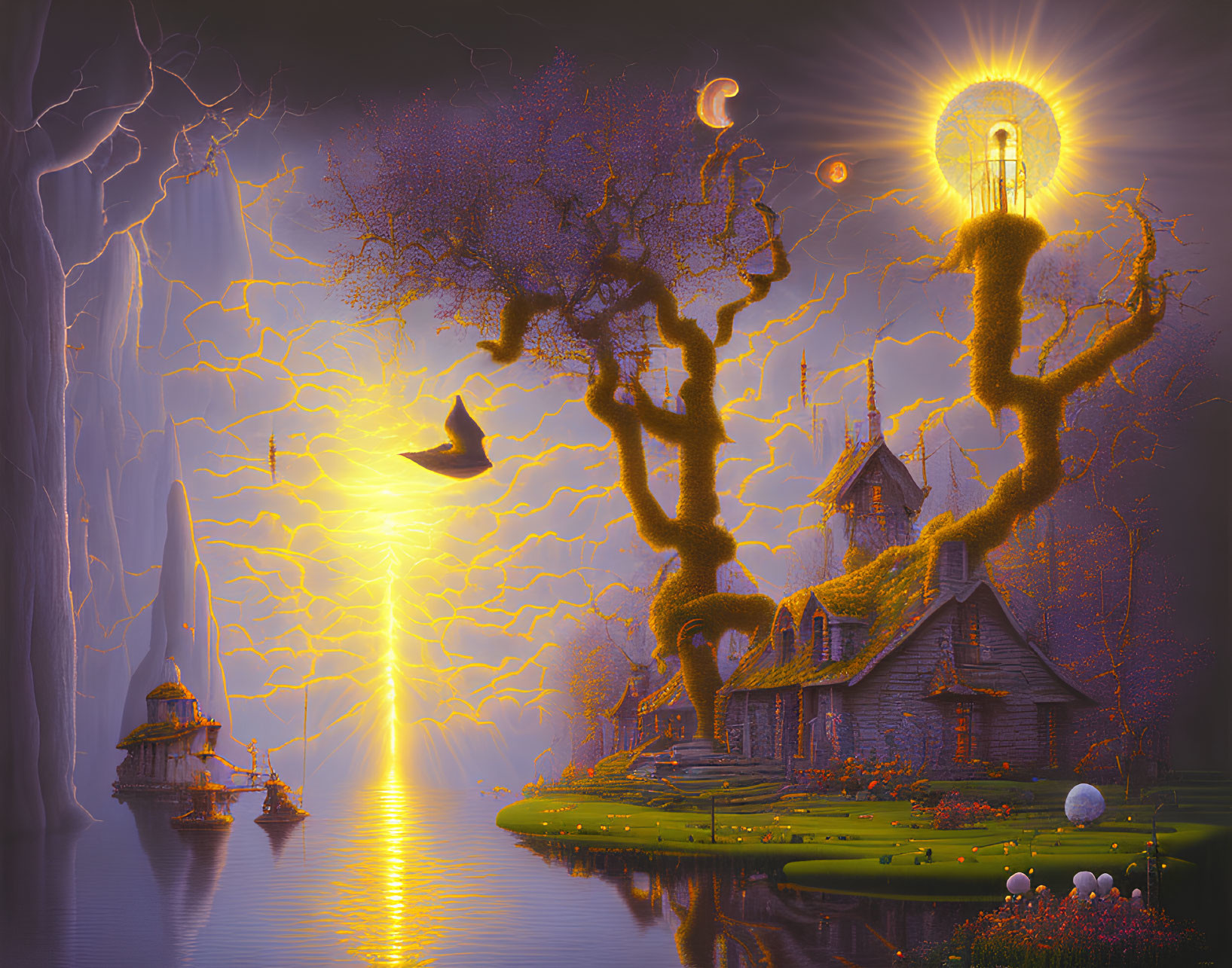 Glowing trees, bird in flight, celestial body, ethereal houses in stormy scene