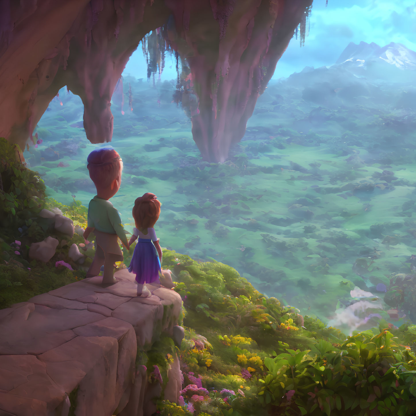 Animated children on cliff edge overlooking lush valley with mountains in soft light