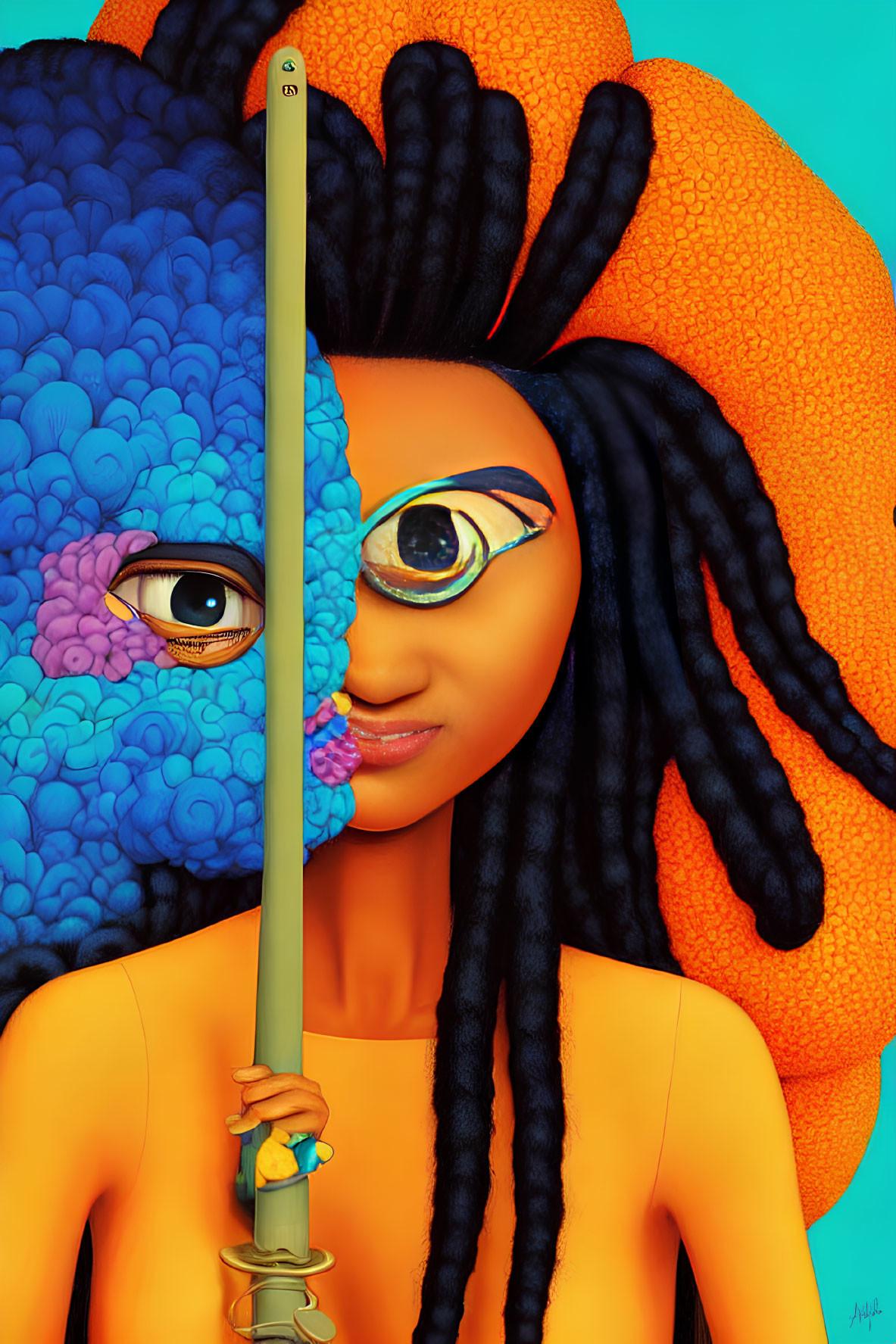 Illustration of person with vibrant orange and blue hair holding a sword in front of one eye.
