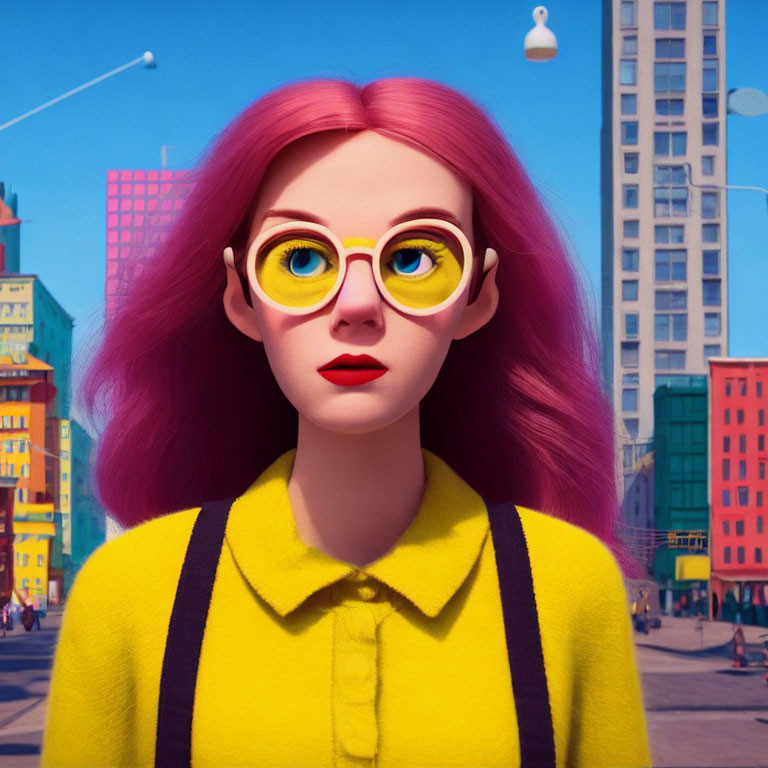 Colorful city backdrop with animated female character in pink hair, yellow glasses, and cardigan