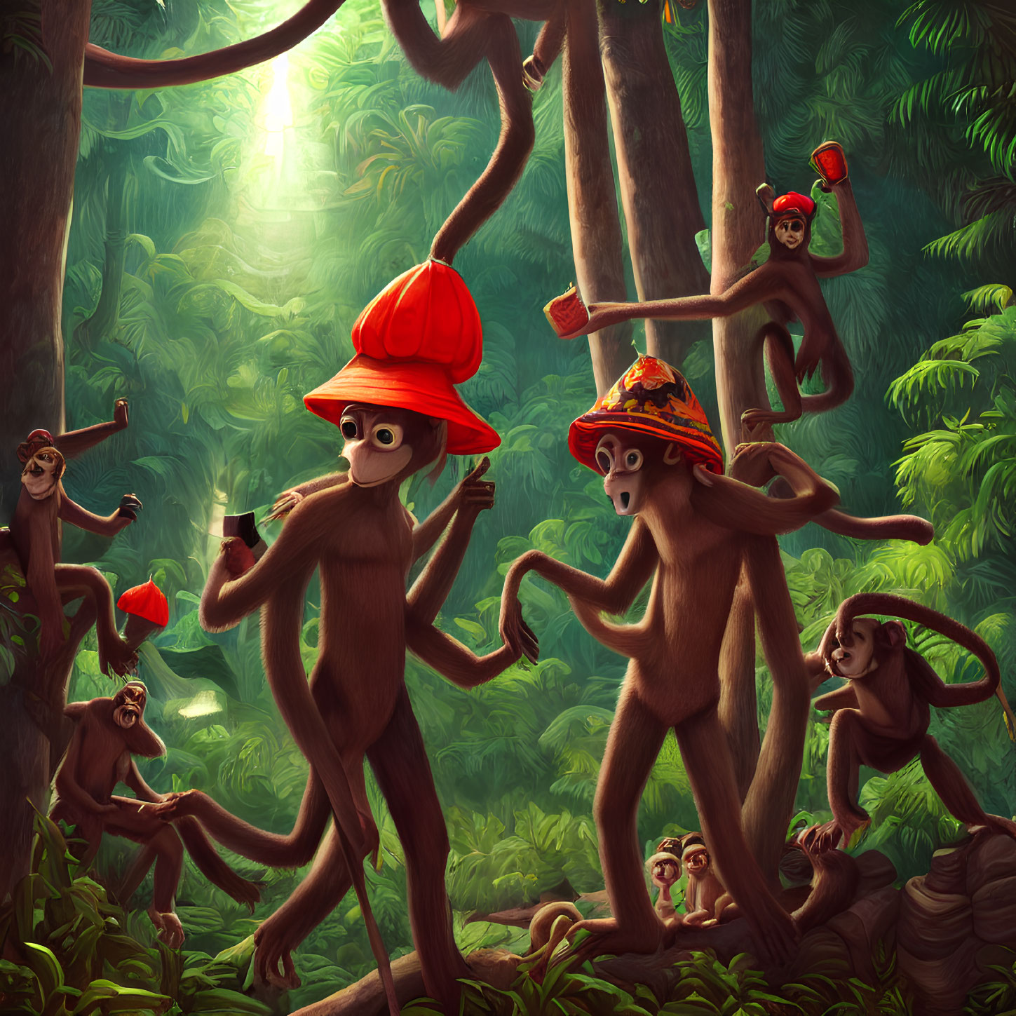 Animated monkeys in hats play in lush jungle setting