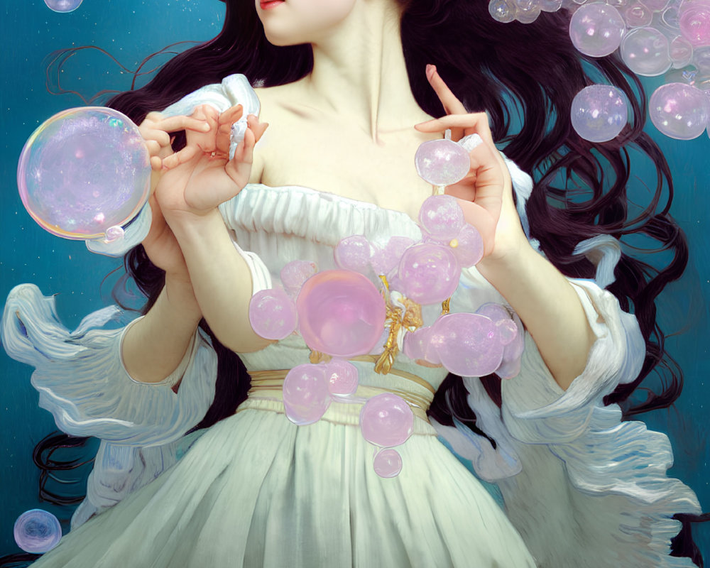 Woman in white dress surrounded by iridescent bubbles on blue backdrop