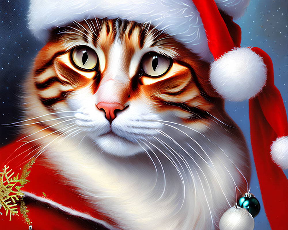 Festive cat in Santa hat and cloak with amber eyes in snowy Christmas scene