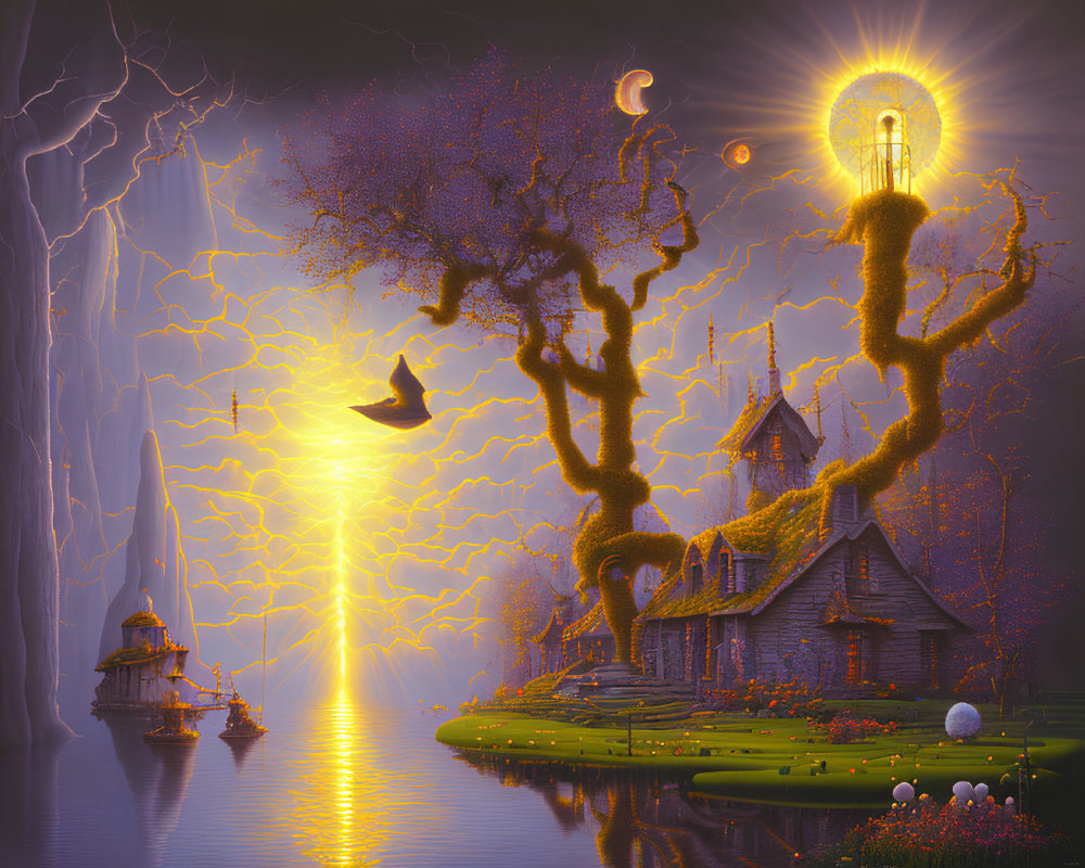 Glowing trees, bird in flight, celestial body, ethereal houses in stormy scene