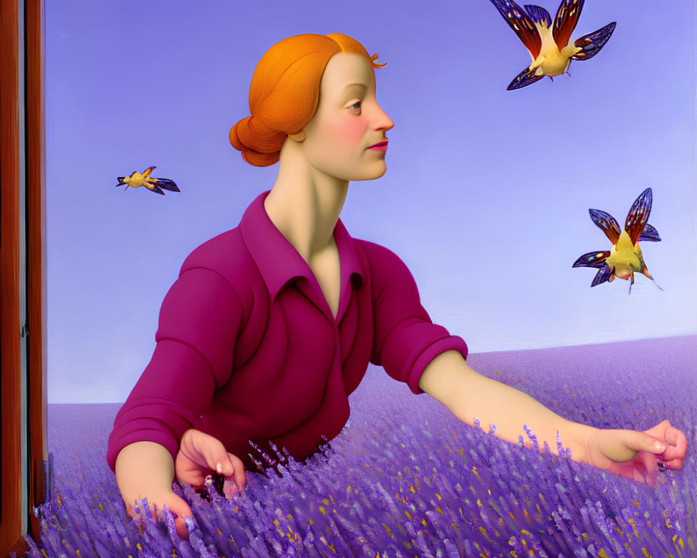 Woman in purple shirt with lavender field and flying birds - surreal painted scene