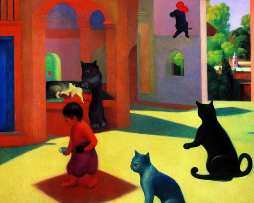 Colorful painting of child with stylized cats in courtyard, archways and figure silhouette.