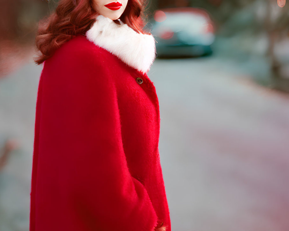 Woman in Santa Hat and Red Coat on Path with Blurred Background