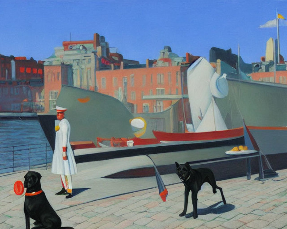 Stylized painting of sailor with black dog at quayside