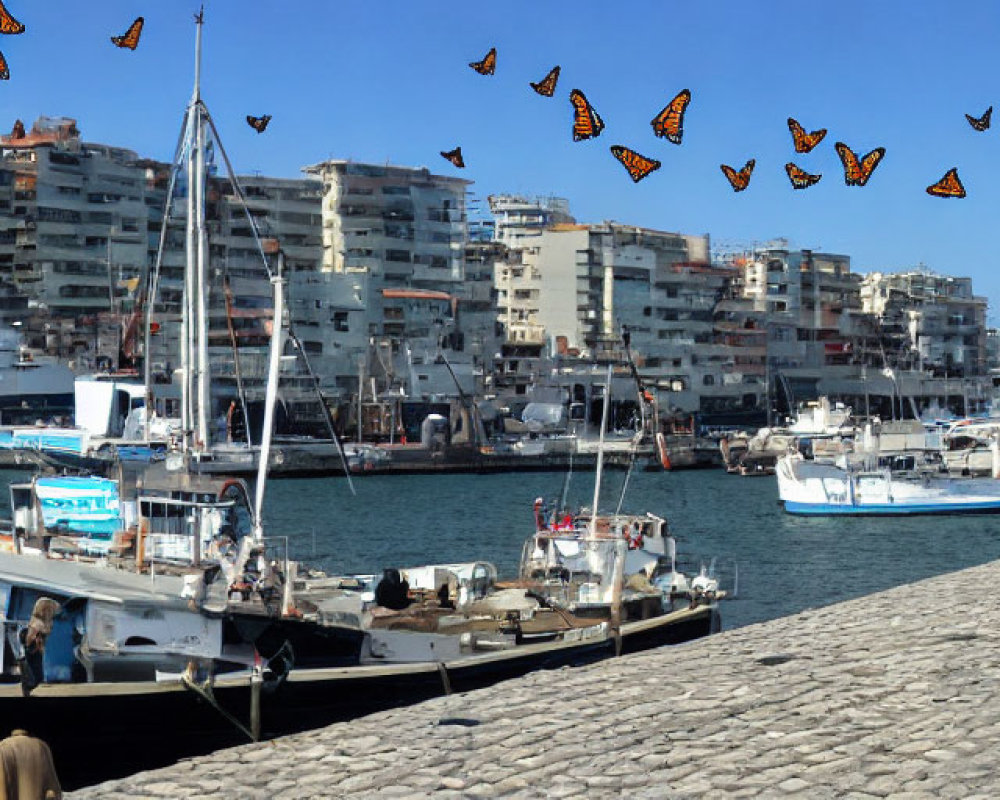 Boats at Stone Pier with Modern Buildings and Butterflies