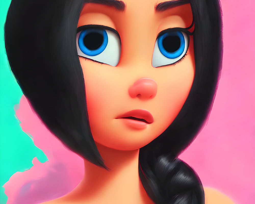 Digital illustration: Female character with blue eyes and black hair in braid on pink and blue background