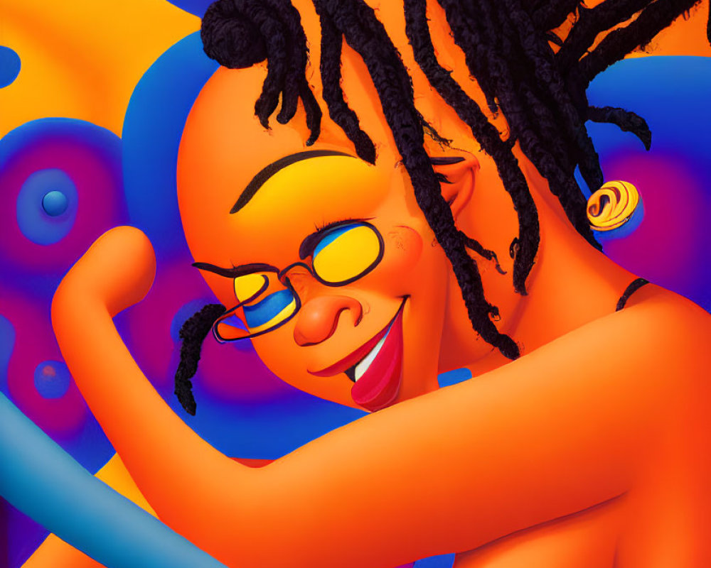 Colorful illustration: person with dreadlocks and blue glasses smiling, surrounded by abstract concentric circles