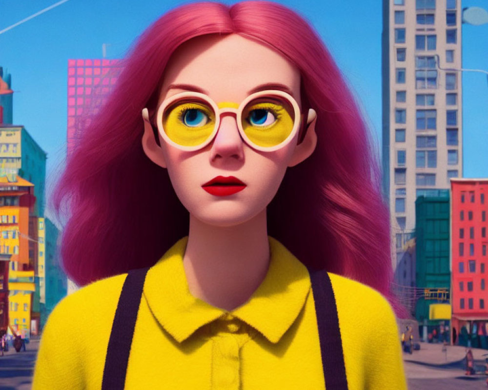 Colorful city backdrop with animated female character in pink hair, yellow glasses, and cardigan