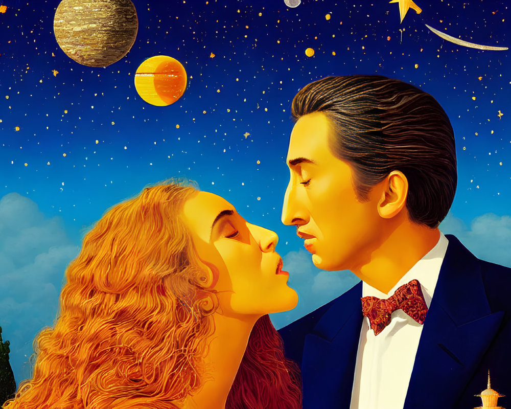 Romantic couple illustration with cosmic vintage vibe