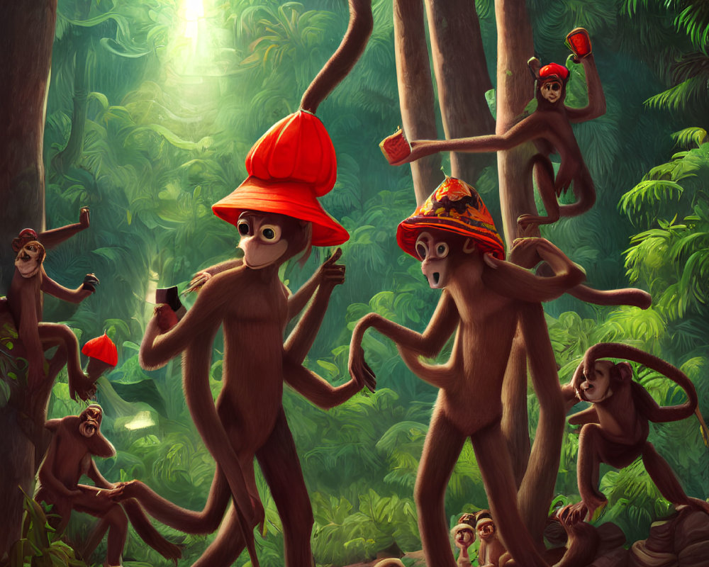 Animated monkeys in hats play in lush jungle setting