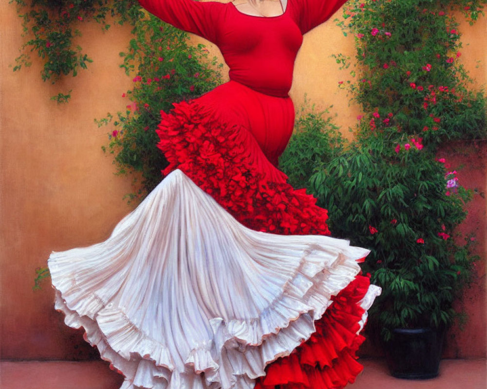 Vibrant red flamenco dancer in ruffled dress among blooming flowers