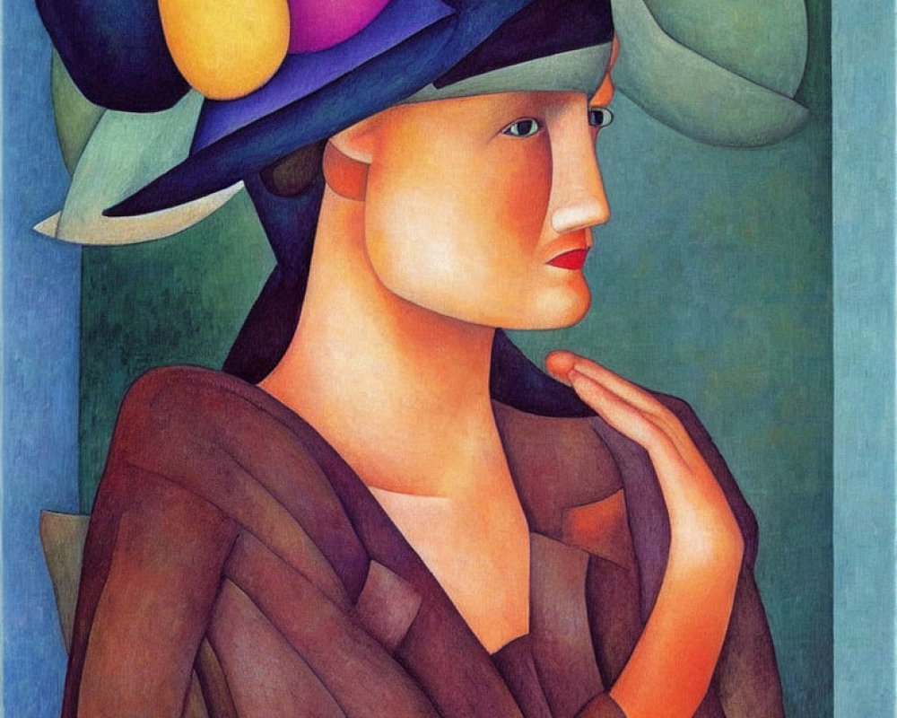 Cubist-style painting of woman with colorful abstract hat