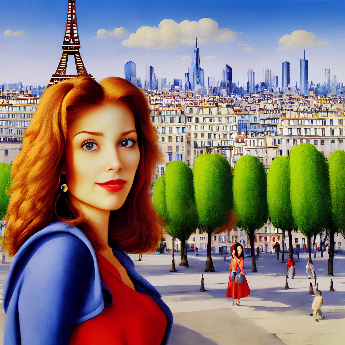 Vibrant Paris Scene with Animated Woman and Eiffel Tower