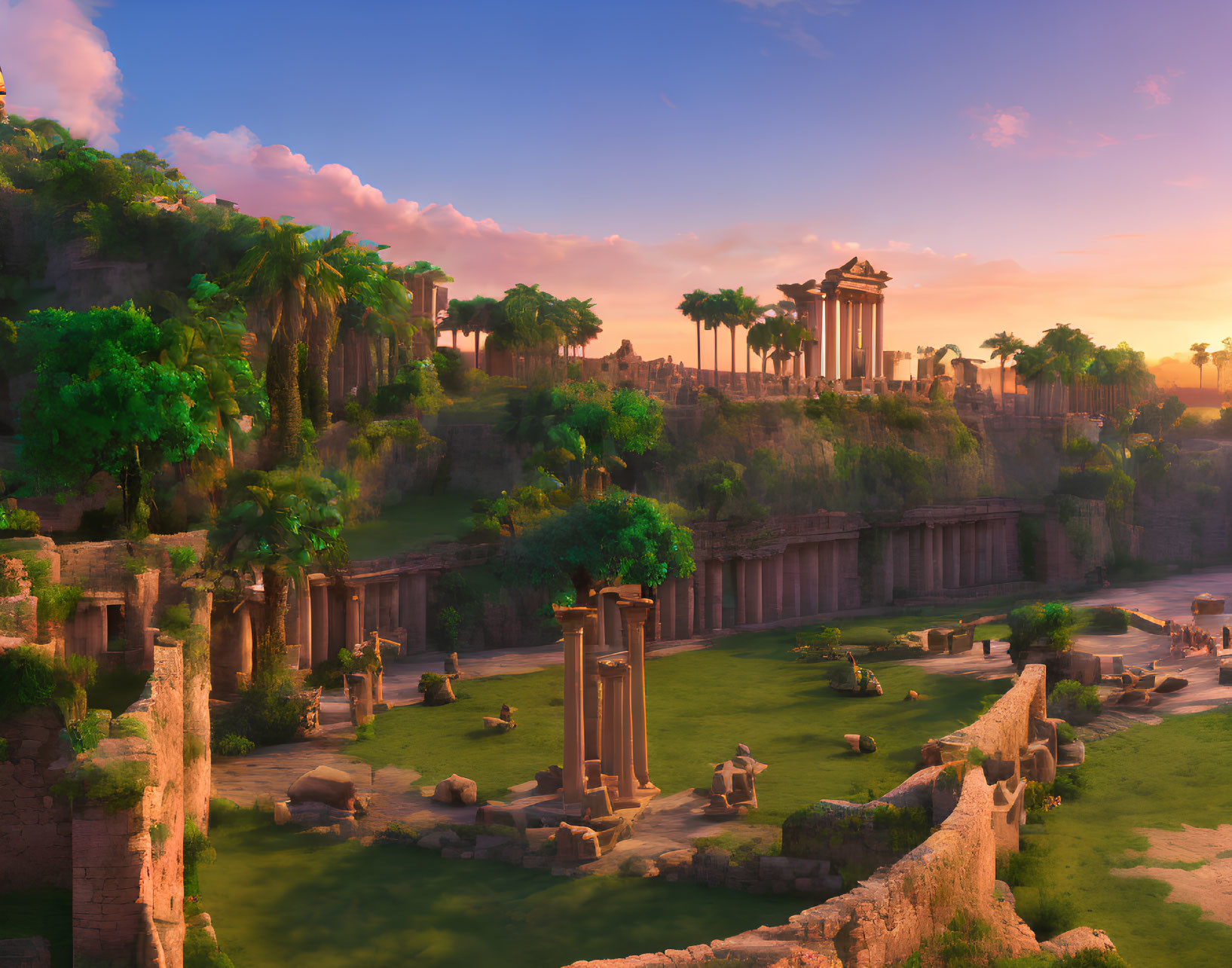 Ancient ruin with towering columns in lush greenery at sunset