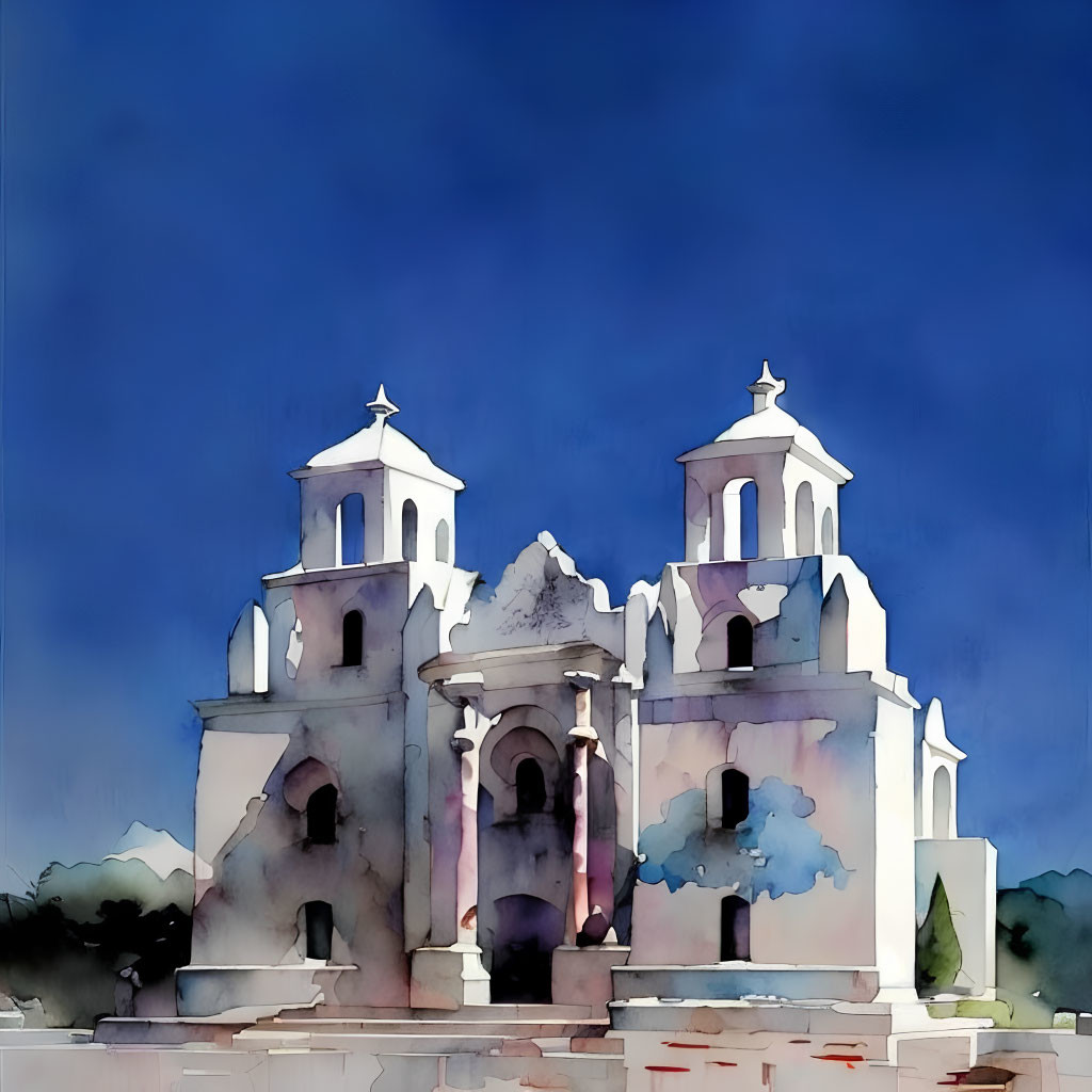 Historic white church with bell towers in watercolor art.
