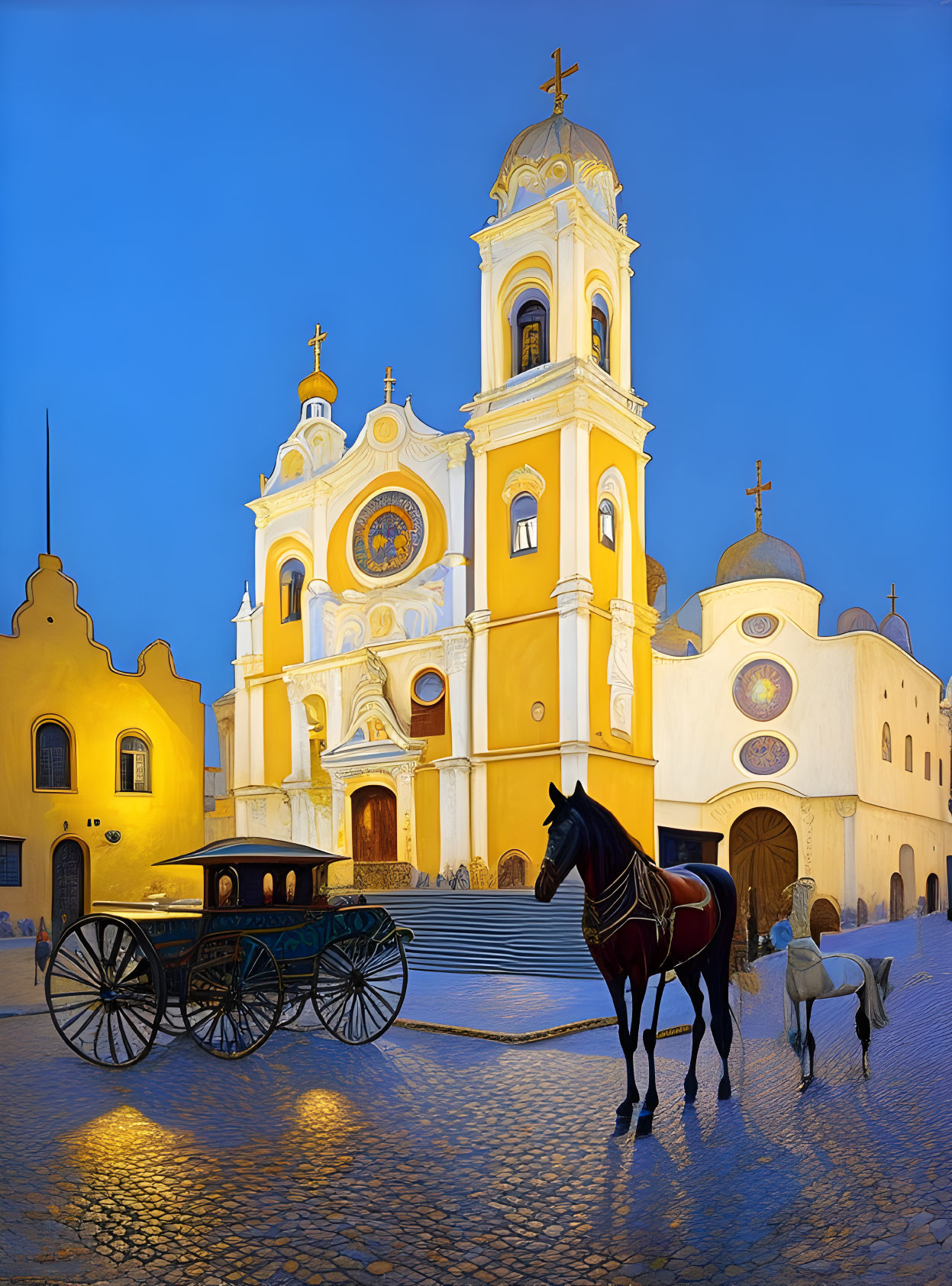 Colonial church with twin bell towers and horse-drawn carriage at twilight