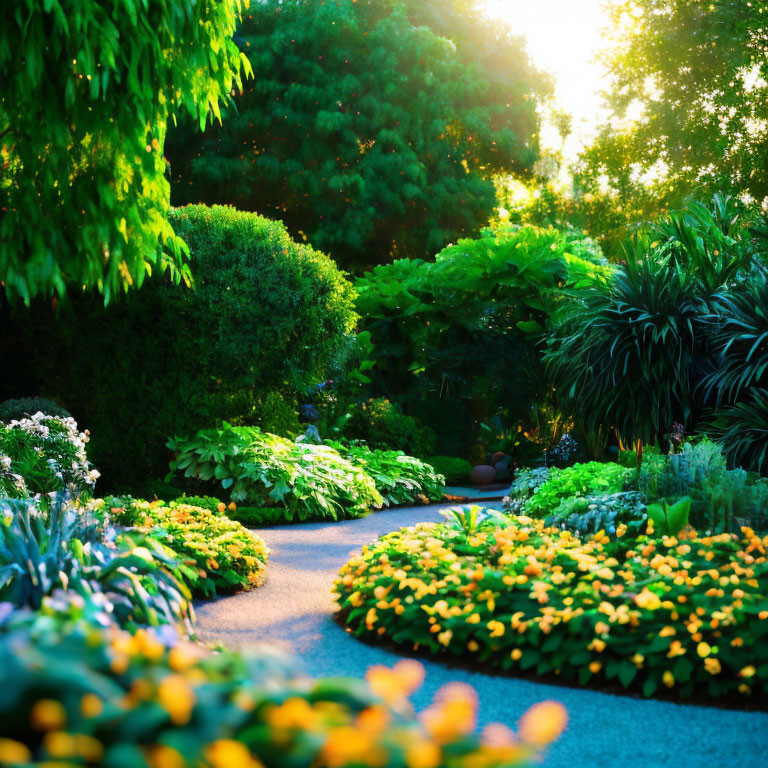 Tranquil Garden Path with Yellow Flowers and Greenery