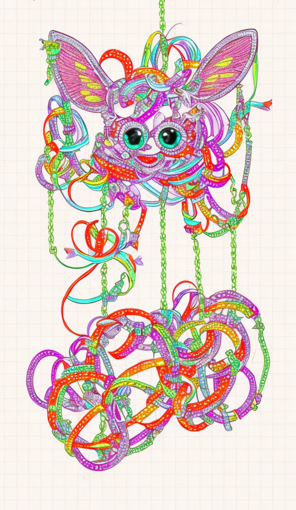 Colorful Creature with Butterfly Wings and Vibrant Tentacles on Graph Paper